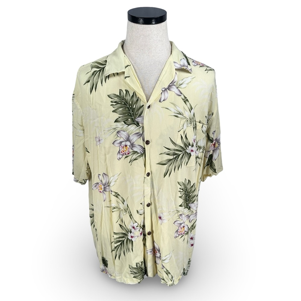 Vintage Winnie Fashion Mens XL Hawaiian Aloha Shirt Yellow Floral Bamboo Rayon